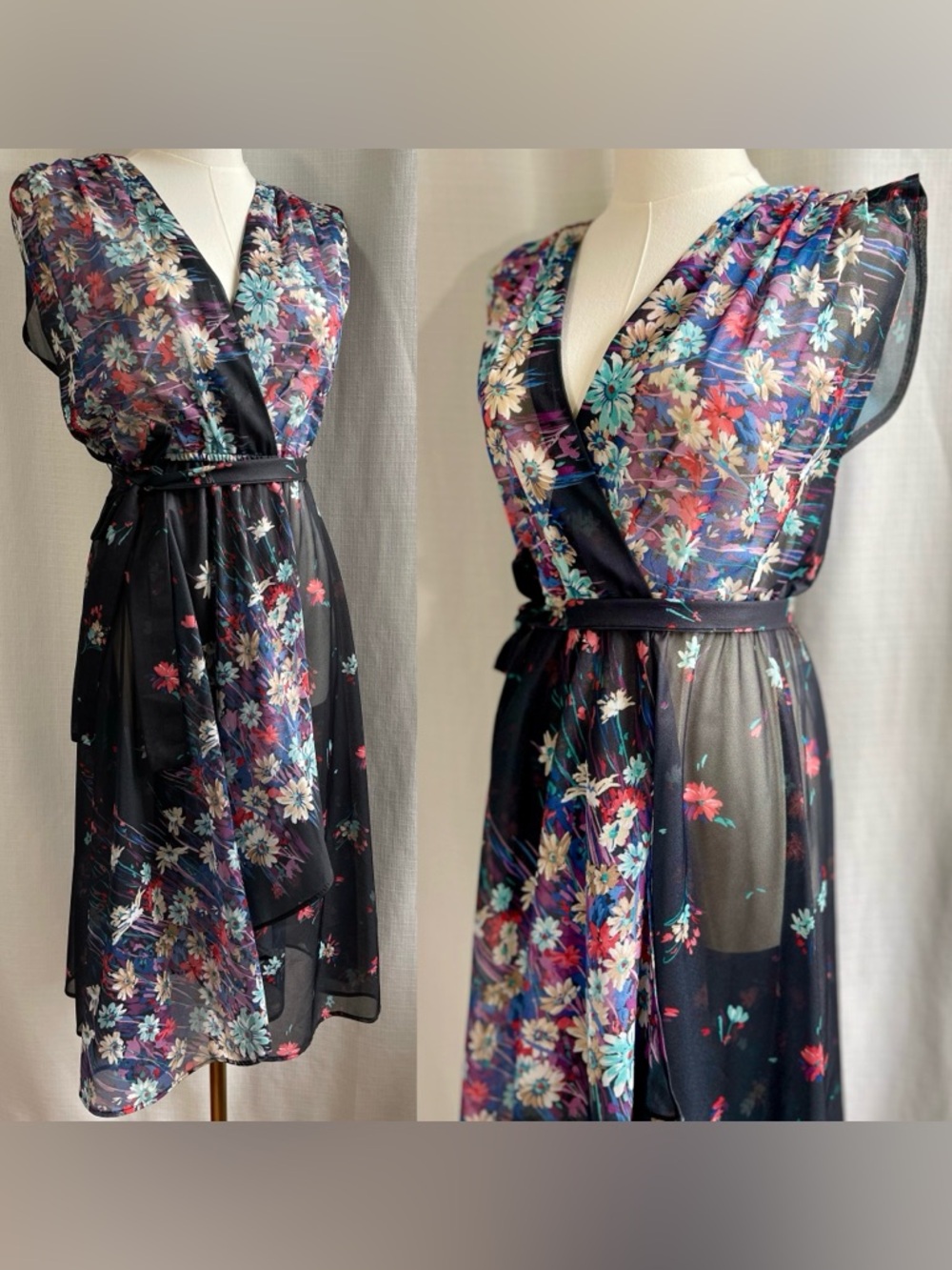 Vintage 70s ILGWU Union Made USA Chiffon Faux Wrap Midi Dress Floral Size 5